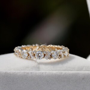 Moissanite Eternity Band: Round & Baguette Cut, 14K Yellow Gold