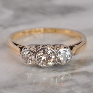 Art Deco Round Diamond Trigology Engagement Ring/Round Moissanite Diamond 1940's Engagement Ring/1930's Style 14KSolid Gold Engagement Ring