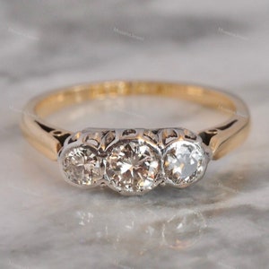 Round Cut Moissanite Full Bezel Ring, 18K Solid Yellow Gold Two Tone Ring, Gold Trilogy Ring, Three Stone Ring For Women, Engagement Ring