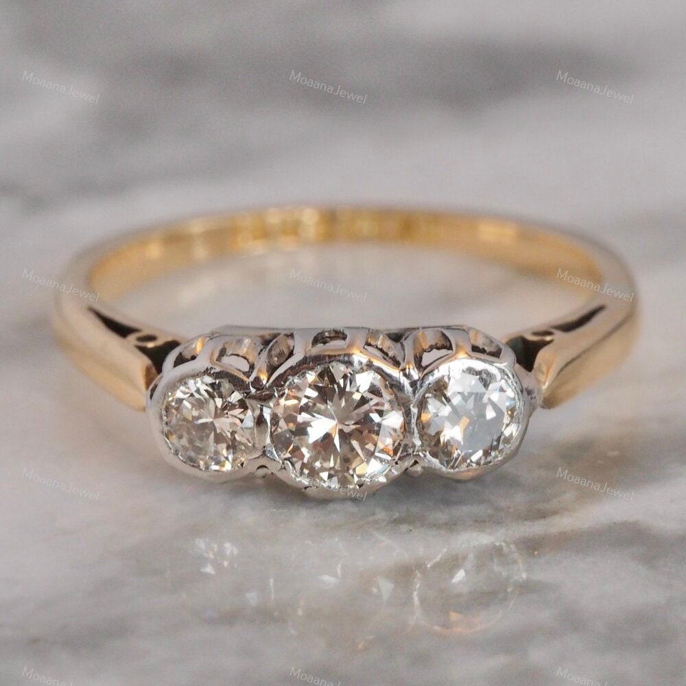 Round Cut Moissanite Full Bezel Ring, 18K Solid Yellow Gold Two Tone Ring, Gold Trilogy Ring, Three Stone Ring For Women, Engagement Ring