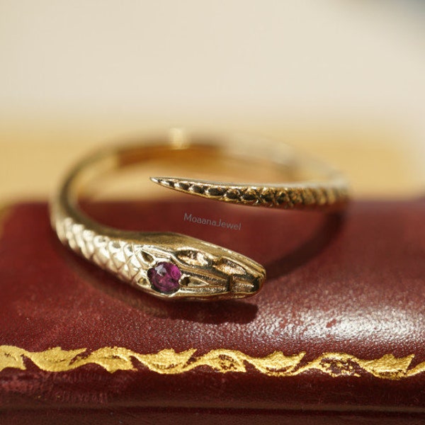 Victorian Snake Serpent Engraved Ring,Red Ruby Accent Serpentis Head Snake Ring,Gothic Designed Unique Ring Solid Gold Antique Ring Women