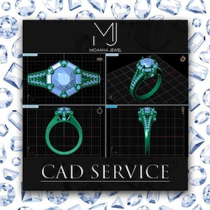 Könnte beinhalten: Ein digitales CAD-Design eines Rings mit einem großen Mittelstein und kleineren Akzentsteinen entlang der Ringschiene, dargestellt in vier verschiedenen Ansichten auf einem Rasterhintergrund mit dem Text MOAANA JEWEL und CAD SERVICE.