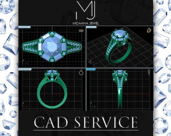 May include: A digital CAD design of a ring featuring a large central stone and smaller accent stones along the band, displayed in four different views on a grid background with the text MOAANA JEWEL and CAD SERVICE visible on the image.