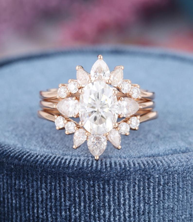 Oval Moissanite engagement ring set Rose gold engagement ring vintage Pear shaped wedding Silver Bridal anniversary gift for Valentine