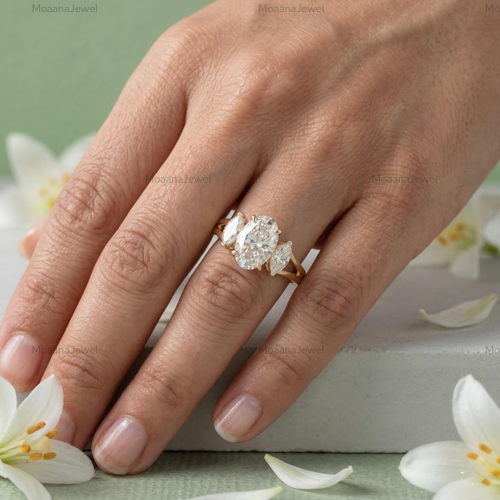 Oval Cut Moissanite Three Stone Engagement Ring, 14K Yellow Gold Split ...