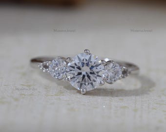 Round Cut Moissanite Three Stone Wedding Ring, 925 Sterling Silver Past Present Future Ring, Proposal Trinity Diamond Ring, Gift For Her