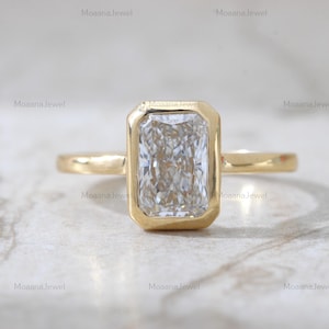 2.50 CT Radiant Cut Lab Diamond Ring: 14K Yellow Gold Bezel Solitaire