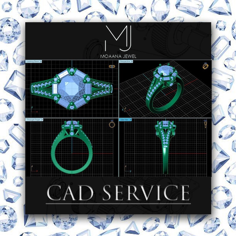 May include: A 3D CAD rendering of a ring with a large center stone and smaller stones set in a halo. The ring is shown from multiple angles, including a top view, side view, and perspective view. The text "CAD SERVICE" is displayed at the bottom of the image. The image is from the company "MOAANA JEWEL".