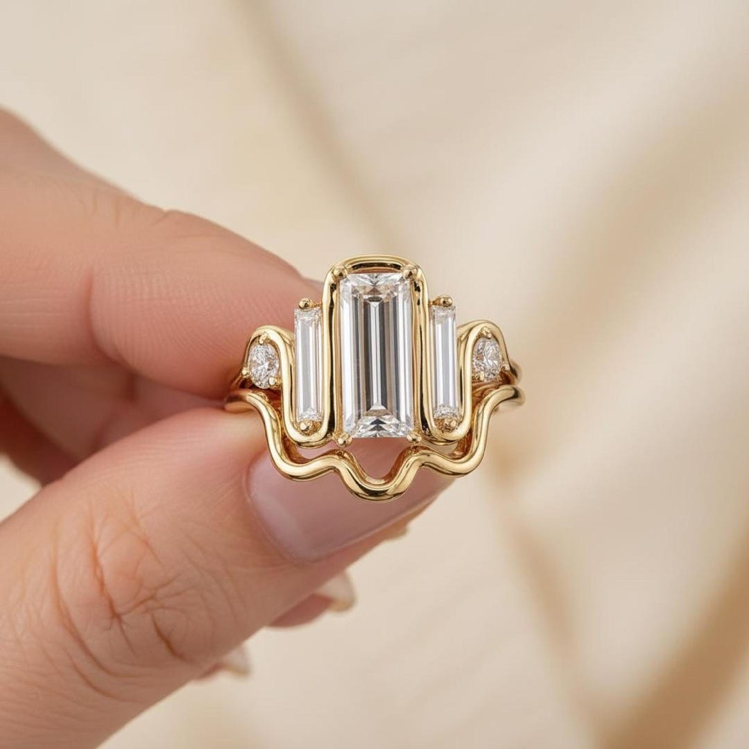 Baguette Cut Moissanite Bridal Ring Set: 14k Yellow Gold Art Deco ...