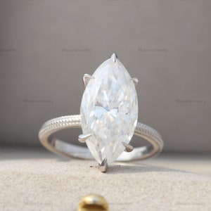 Marquise Moissanite Solitaire Ring: 14K White Gold Vintage Engagement Ring