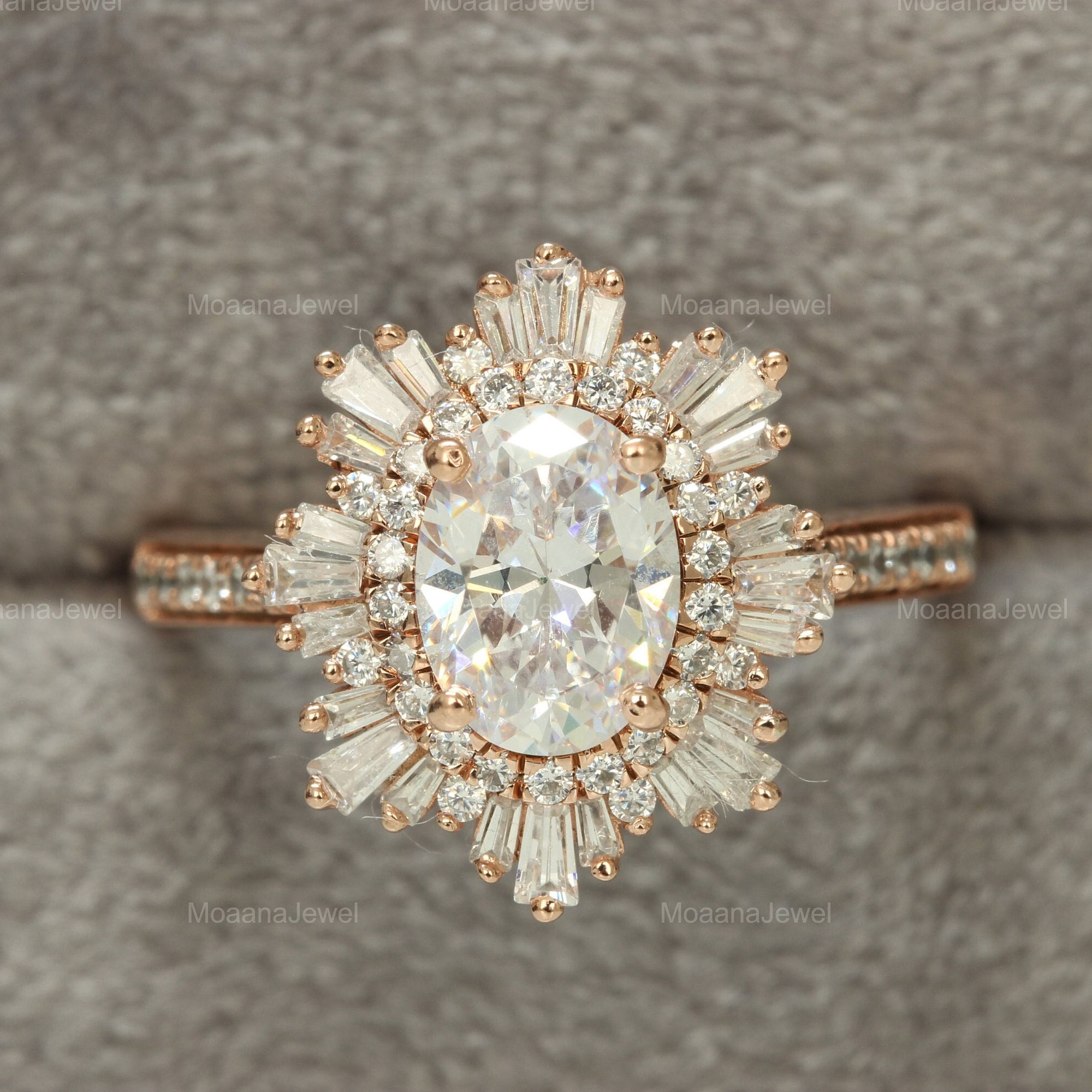 Cluster Baguettes & Double Halo Oval Moissanite Engagement Ring 14K Rose Gold Engagement Ring Gift For Her, Sterling Silver Wedding Ring