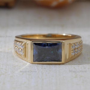 Blue Princess Cut Moissanite Bezel Set Wedding Ring, 10K Yellow Gold Band With Accent Stone