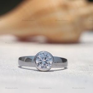 Round Cut Moissanite Full Bezel Engagement Ring, 925 Sterling Silver Wedding Ring, Solitaire Ring, One Diamond Ring, Gift For Women Ring