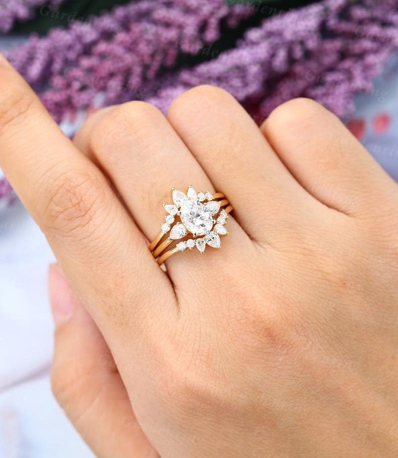 Oval Moissanite engagement ring set Rose gold engagement ring vintage Pear shaped wedding Silver Bridal anniversary gift for Valentine
