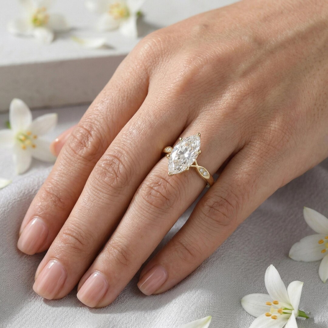 Marquise Cut Moissanite Engagement Ring: 14k Solid Yellow Gold Accent ...