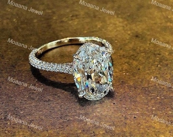 Oval Moissanite Engagement Ring: Sterling Silver Hidden Halo, Lab-Grown Diamond