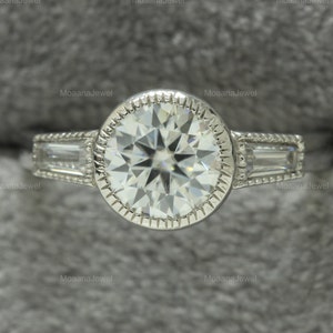 Round Cut Moissanite Milgrain Bezel Three Stone Ring, 925 Sterling Silver Trilogy Ring, Past Present Future Ring, Engagement Ring For Her