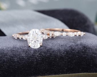 Oval Moissanite Engagement Ring Set 1930's Unique White Gold Engagement Ring Half Eternity Marquise Cut Bridal Set Proposal Ring For Her