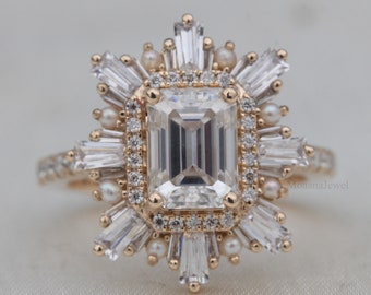 Emerald Cut Moissanite Engagement Ring, Starburst 14K Solid Yellow Gold Ring, Double Halo Emerald Lab Diamond Unique Art Deco Ring
