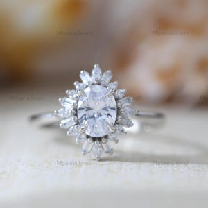 1.25CT Oval Moissanite Engagement Starburst Ring, Oval Diamond Wedding Unique Ring, Art Deco Halo Starburst Ring, 14K Gold Vintage Halo Ring