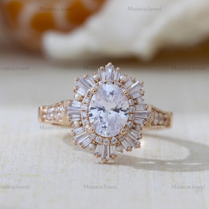 Oval Cut Moissanite Cluster Baguettes & Pearls Halo Moissanite Engagement Ring In 14K Solid Rose Gold Art Deco Wedding Ring, Gift For Women