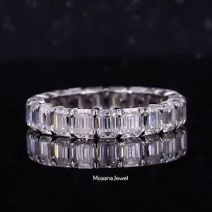 Emerald Cut Moissanite Full Eternity Band: Sterling Silver Promise Ring