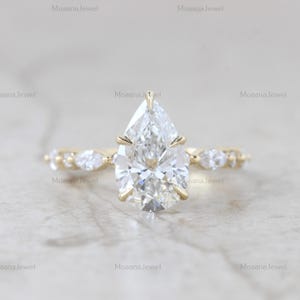 2.00 CT Pear Cut Lab Grown Diamond Solitaire With Accent Ring, 10K Solid Yellow Gold Wedding Ring, HPHT Diamond Proposal Ring, Jewelry Ring