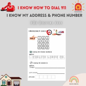 I know my address and phone number printable, I know how to dial 911, Emergency Information for Kids, Learn your phone number, Learn 911,