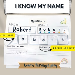 Può includere: Un foglio di lavoro stampabile per aiutare i bambini a imparare a scrivere il loro nome. Il foglio di lavoro presenta un'illustrazione di dinosauro e il nome "Robert" scritto in grandi lettere. Il bambino può costruire il suo nome posizionando le tessere delle lettere nelle caselle sotto il nome. Ci sono anche sezioni per tracciare e scrivere il nome.