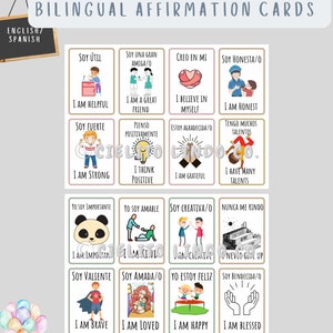 May include: Set of 16 bilingual affirmation cards with colorful illustrations and positive messages in Spanish and English. The cards feature a variety of characters, including a panda, a superhero, and a person holding hands. The cards are designed to help children build self-esteem and confidence.