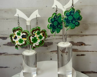 St. Patrick’s Day Faux Leather Earrings | Glitter Shamrock Earrings | Lucky Earrings | Four Leaf Clovers