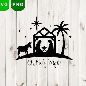 Holiday Clipart: Zwart silhouet van Kerstmis Kerststal Met Baby Jezus, Maria, North Star - Joseph, Digitale Download SVG & PNG