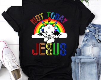 Puede incluir: Camiseta negra con un arcoíris y un diablo de dibujos animados con el texto "Not Today Jesus".