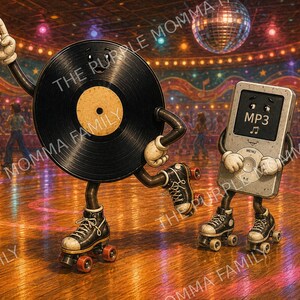 May include: A black vinyl record character with arms and legs wearing black roller skates, pointing one finger upward, standing next to a silver MP3 player character with a screen displaying the text MP3 and a musical note icon, also on roller skates.