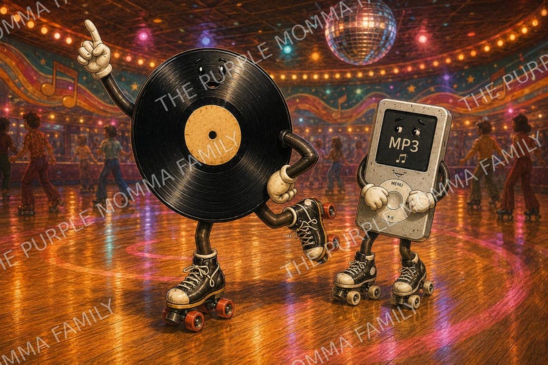 May include: A black vinyl record character with arms and legs wearing black roller skates, pointing one finger upward, standing next to a silver MP3 player character with a screen displaying the text MP3 and a musical note icon, also on roller skates.