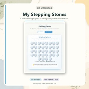 May include: A digital workbook page titled My Stepping Stones featuring a Math Pace Tracker. The interface displays a grid of circular icons for progress tracking, with instructional text for children and parents to confirm completed tasks.