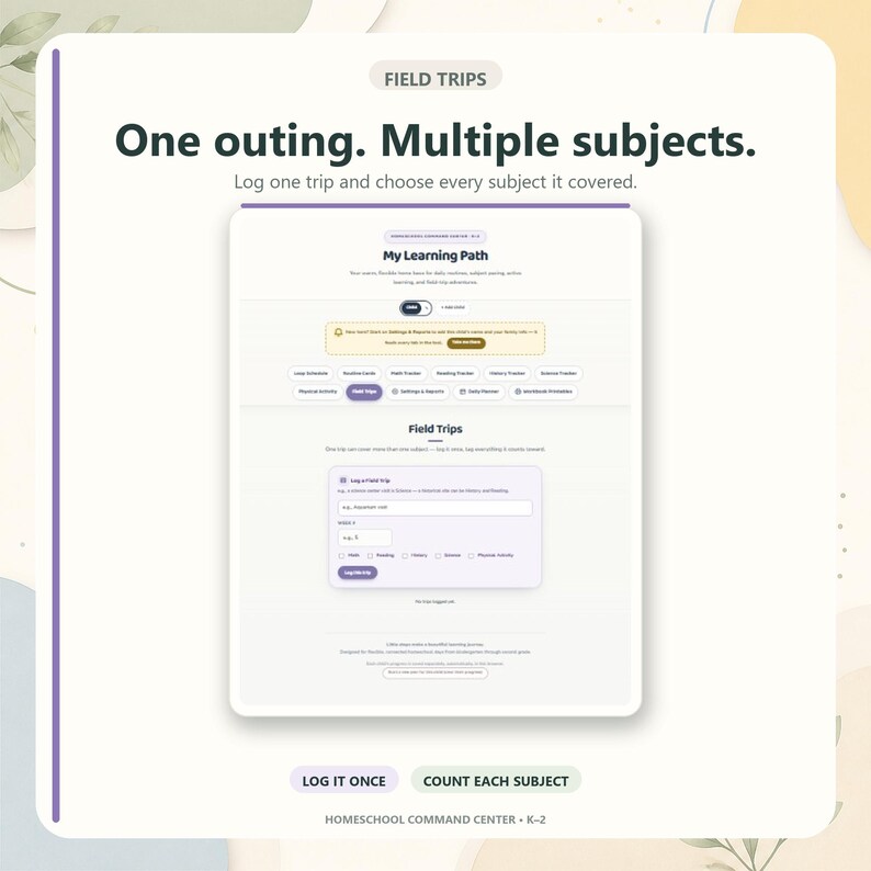 May include: A digital interface for a homeschool command center featuring the text Field Trips, One outing. Multiple subjects., My Learning Path, and Log a field trip. The layout includes input fields, checkboxes for subjects, and navigation buttons.