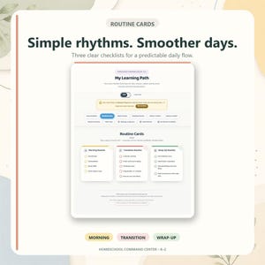 May include: A digital interface titled My Learning Path and Routine Cards featuring three checklists for Morning Routine, Transition Routine, and Wrap-up Routine. The screen displays text including Simple rhythms. Smoother days. and Homeschool Command Center K-2.