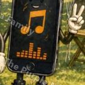Puede incluir: Un personaje de smartphone de dibujos animados con pantalla negra, cara sonriente, un icono de nota musical naranja y un gr&aacute;fico de onda sonora naranja. El personaje tiene brazos negros delgados, manos con guantes blancos y botas negras.
