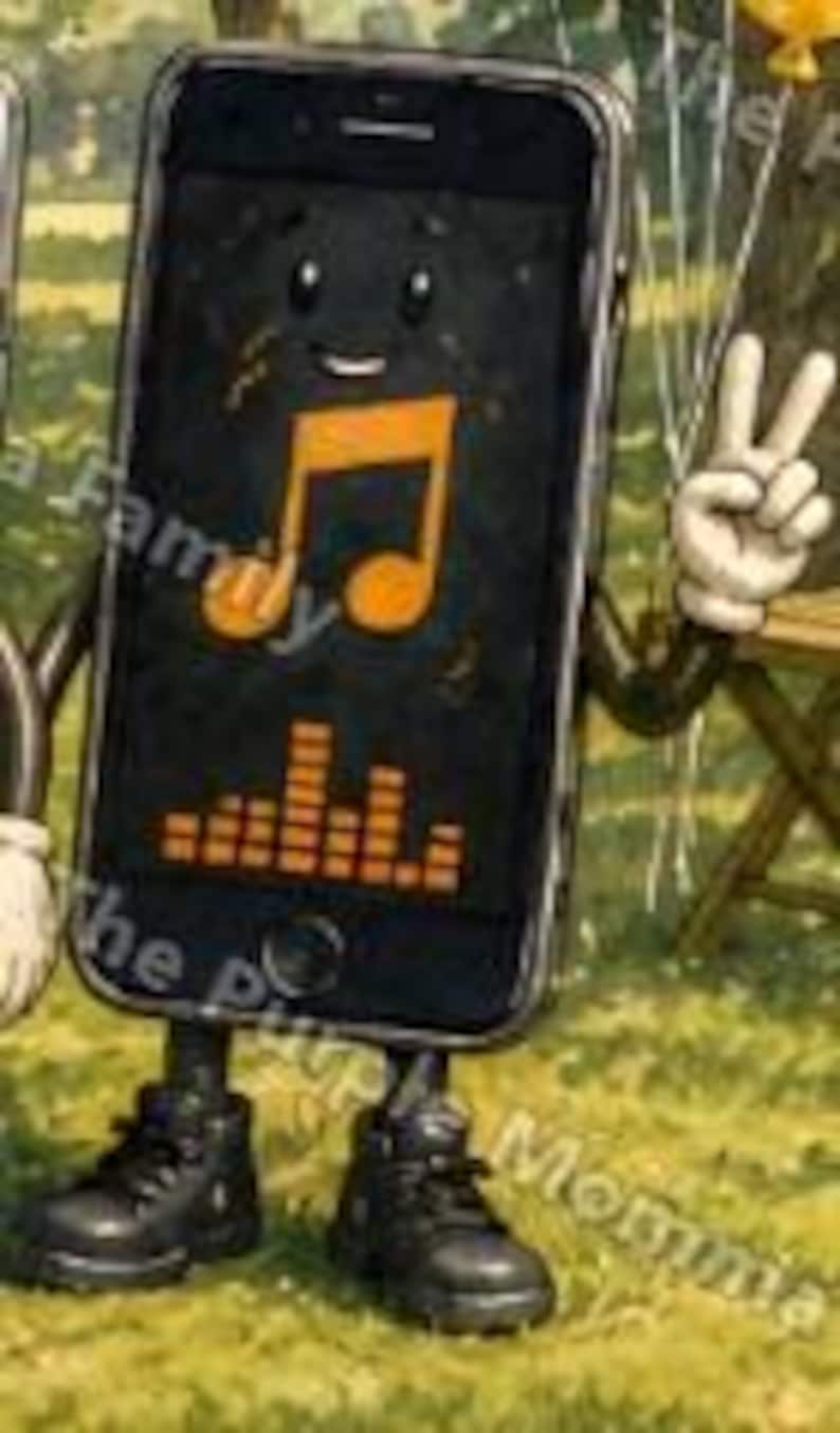 Puede incluir: Un personaje de smartphone de dibujos animados con pantalla negra, cara sonriente, un icono de nota musical naranja y un gr&aacute;fico de onda sonora naranja. El personaje tiene brazos negros delgados, manos con guantes blancos y botas negras.
