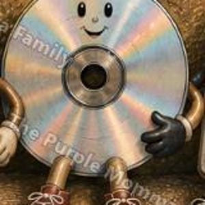 May include: A circular silver compact disc character with a printed smiling face, featuring brown arms with black gloves and red lace-up sneakers. The disc has a reflective iridescent surface and is positioned upright with visible limbs.