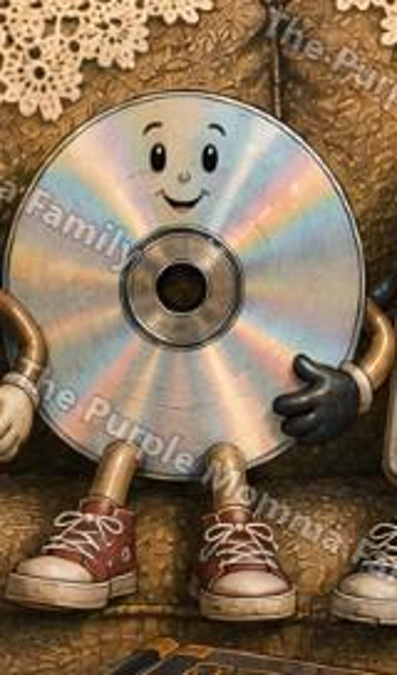May include: A circular silver compact disc character with a printed smiling face, featuring brown arms with black gloves and red lace-up sneakers. The disc has a reflective iridescent surface and is positioned upright with visible limbs.