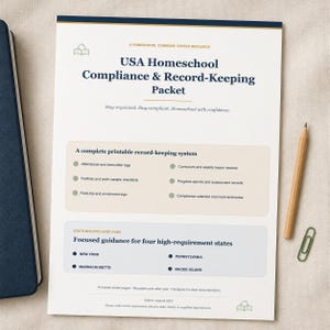 May include: A white document titled USA Homeschool Compliance & Record-Keeping Packet with dark blue text and accents. It lists attendance logs, curriculum records, and state-specific guidance for New York, Massachusetts, Pennsylvania, and Rhode Island.