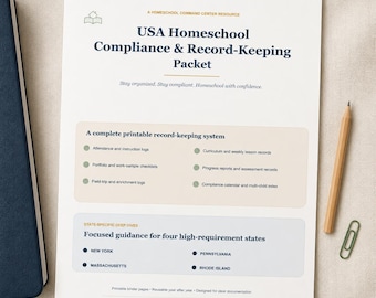 May include: A white document titled USA Homeschool Compliance & Record-Keeping Packet with dark blue text and accents. It lists attendance logs, curriculum records, and state-specific guidance for New York, Massachusetts, Pennsylvania, and Rhode Island.