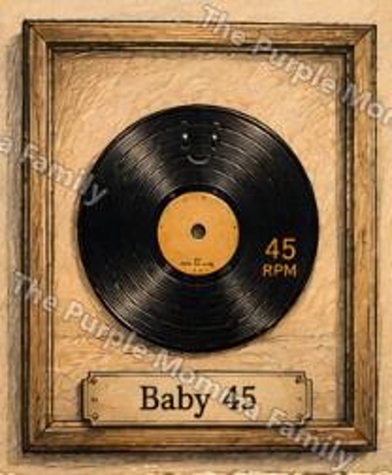 May include: A framed wall art piece featuring a black vinyl record with a yellow center label. The record is marked with 45 RPM. Below the record, a rectangular plaque is mounted on the frame with the text Baby 45 printed in black.