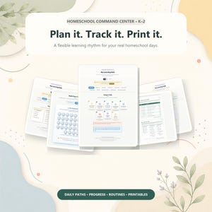 May include: A digital homeschool command center for grades K-2 featuring multiple screen views of learning paths, math trackers, and progress charts. The text reads: Homeschool Command Center K-2, Plan it. Track it. Print it., and Daily Paths, Progress, Routines, Printables.