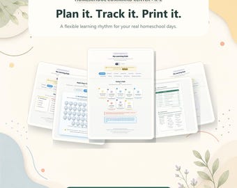 May include: A digital homeschool command center for grades K-2 featuring multiple screen views of learning paths, math trackers, and progress charts. The text reads: Homeschool Command Center K-2, Plan it. Track it. Print it., and Daily Paths, Progress, Routines, Printables.