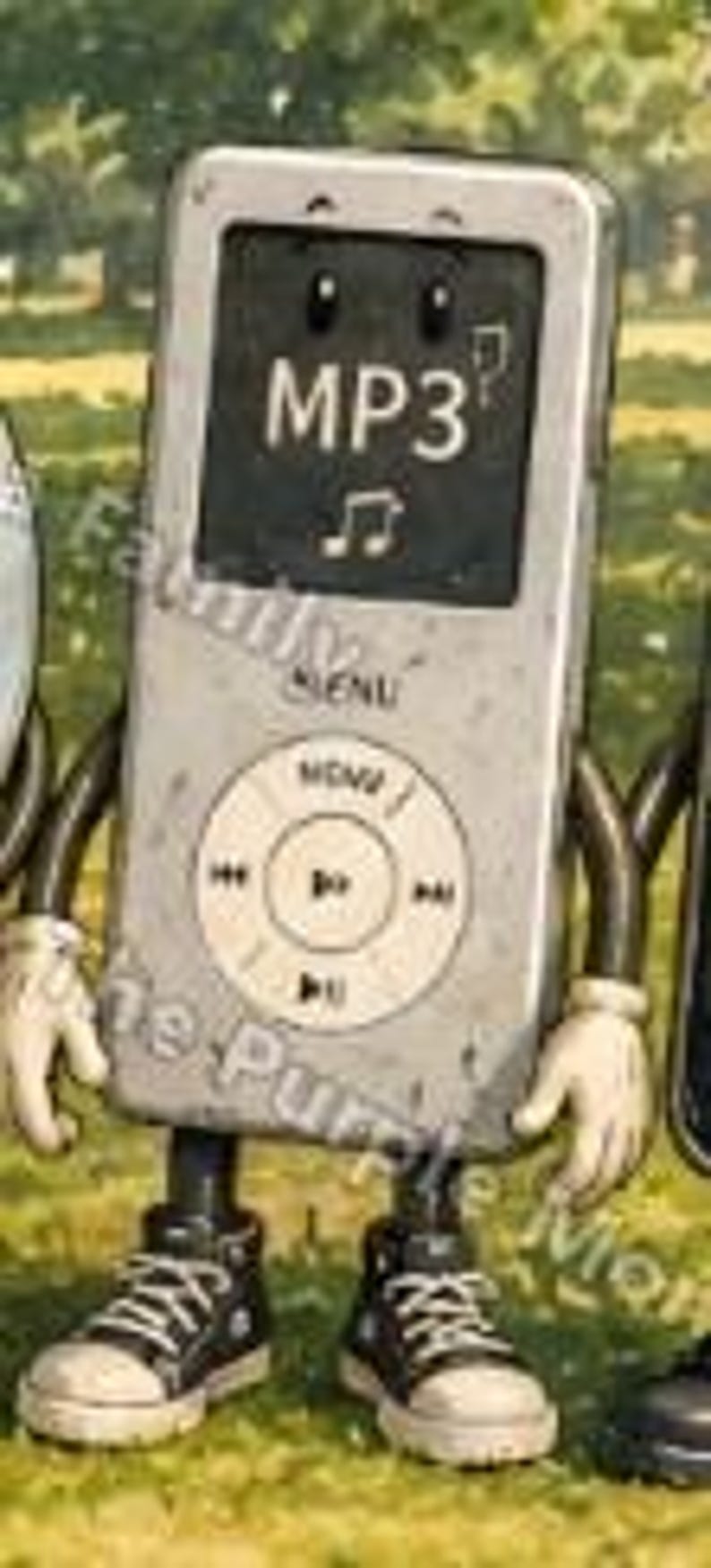Puede incluir: Un personaje de reproductor de m&uacute;sica digital plateado con una pantalla rectangular que muestra el texto MP3 y un icono de nota musical. El dispositivo cuenta con una rueda de control circular con s&iacute;mbolos de reproducci&oacute;n, brazos negros y zapatillas.