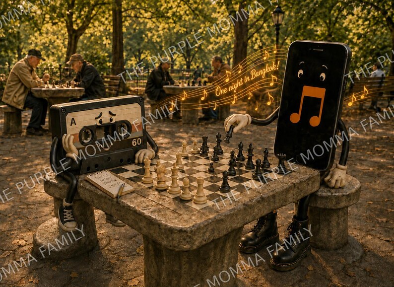 May include: A black cassette tape with a sad face and a black smartphone with a happy face and an orange musical note icon playing chess on a stone table. The smartphone has the text One night in Bangkok! with musical notes floating above it.