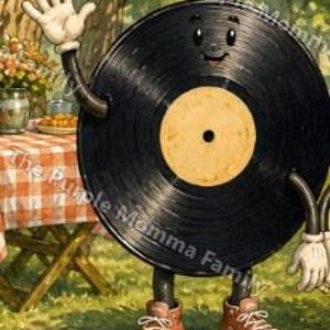 Puede incluir: Un personaje de disco de vinilo negro con una etiqueta central color canela, una cara sonriente y manos con guantes blancos. El personaje usa zapatillas altas marrones con cordones y suelas blancas, de pie sobre un c&eacute;sped junto a una mesa.